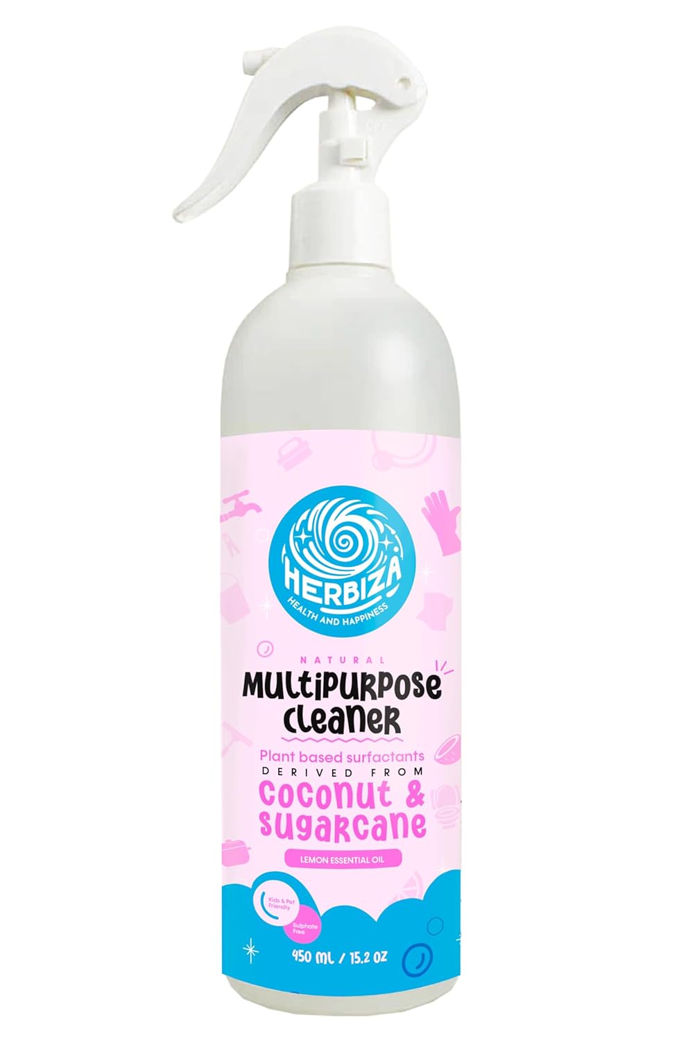 Herbiza Multi-Purpose Cleaner with Spray Bottle - Lemon Peel and Oil Extracts with Natural Salts 450 ML