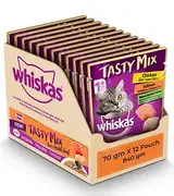 Whiskas Adult (1+ year) Tasty Mix Real Fish, Chicken With Salmon Wakame Seaweed in Gravy, Cat Wet Food - 70g Pouch