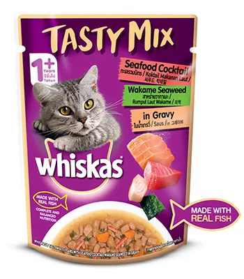 Whiskas Adult (1+ year) Tasty Mix Real Fish, Seafood Cocktail Wakame Seaweed in Gravy,Cat Wet Food  - 70g Pouch