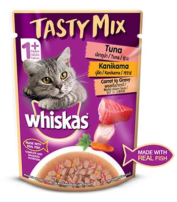 Whiskas Adult (1+ year) Tasty Mix Real Fish, Tuna With Kanikama And Carrot in Gravy, Cat Wet Food  - 70g Pouch